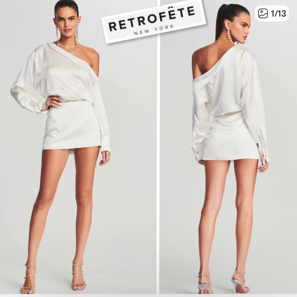 Retrofête ELIO Satin Asymmetrical One Shoulder Mini Dress In Ivory Small NEW